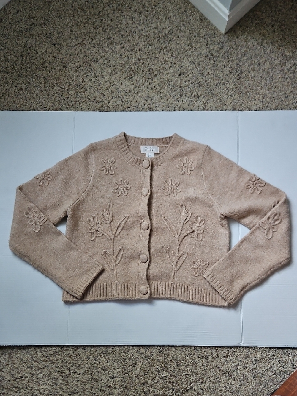 Jessica Simpson Beige Floral Appliqué Button Cardigan